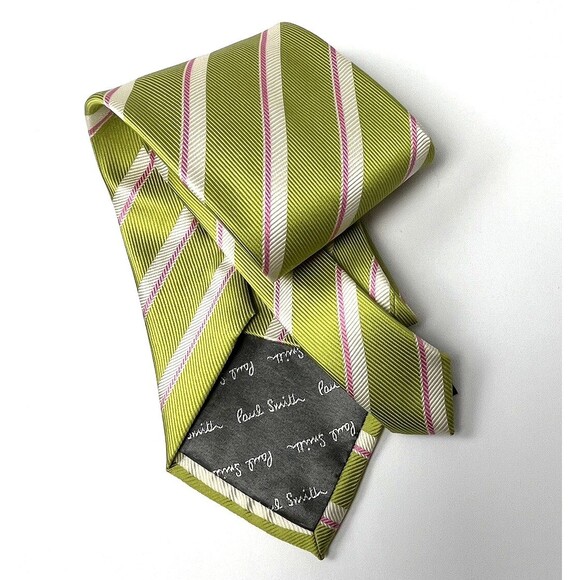 Paul Smith 100% Silk Wide Tie Textured Lime Green Stripe Italy Made Designer 4" - Picture 2 of 3